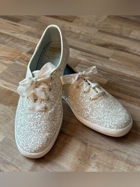 Keds x Kate Spade Glitter Sneakers Ivory Bridal Wedding Coquette 10.5